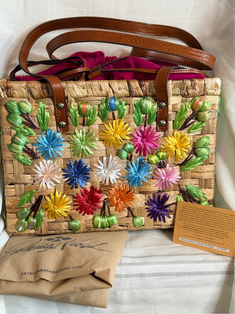 Patricia Nash Embroidered Straw Floral Basket Tote Bag Natural Beet NWOT P765379